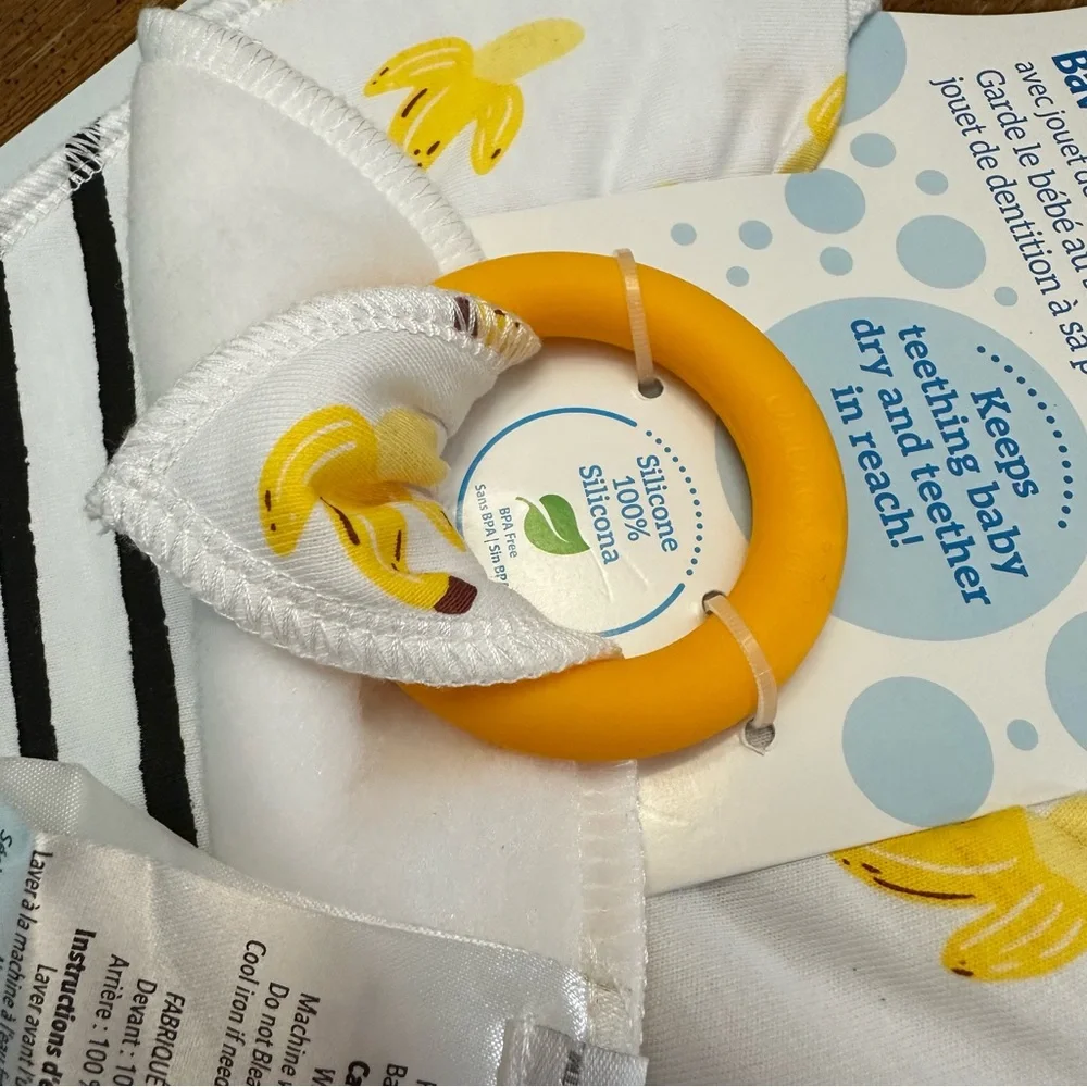 NEW- Dr. Brown's Banana Print Set of Bandana Bibs W/Attachable Silicone Teether